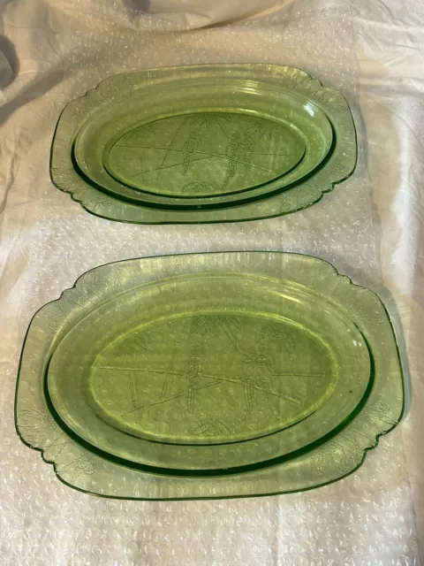 Federal Glass Sylvan Parrot Uranium Green Depression Glass Oval Platters Lot/2