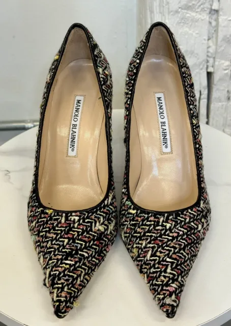 Manolo Blahnik Black & Multi Color Tweed Pointed Toe Unique Heels Size 37 1/2