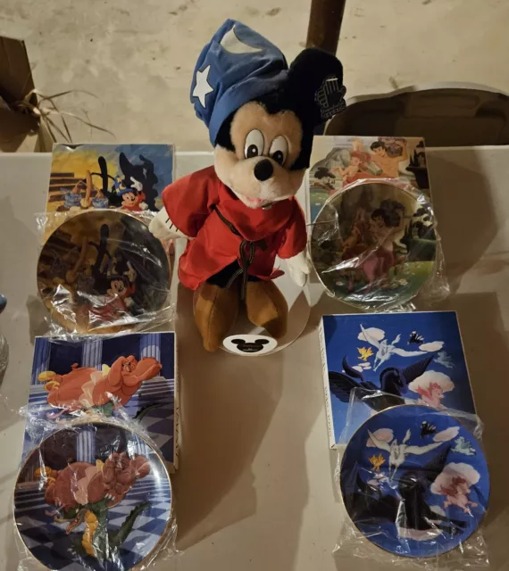 Disney Fantasia Plates 50th Anniversary Lot Of 4  W/ 13" Plush Wizard Mickey