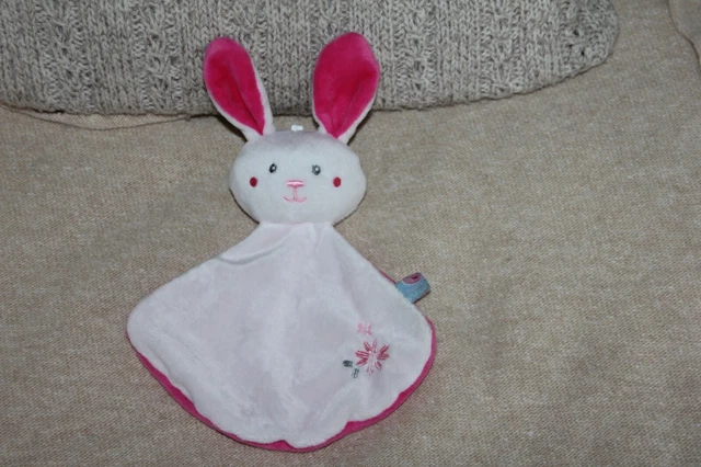 Doudou Sucre D'orge Lapin Plat Blanc Rose Fleur Neuf