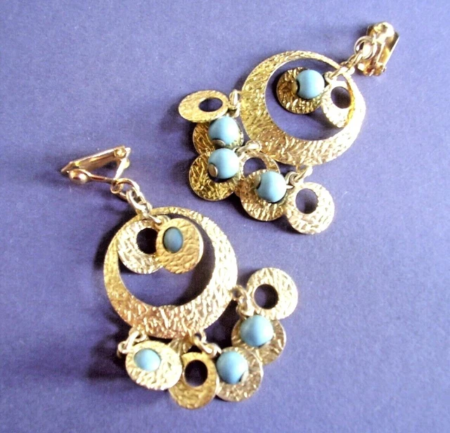 Boucles D'oreilles Clips Turquoise - Perles Métal Doré - W455 - État Quasi Neuf