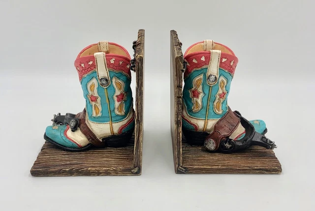 Pair Western Cowboy Boot BOOKENDS, Turquoise & Red w/ Spurs by Burton 5.5" Tall