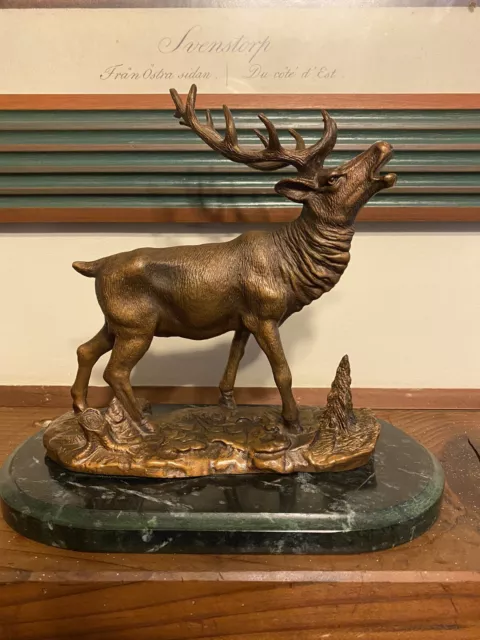 Beautiful P.J. Mene Signed Bronze Elk "ROARING STAG" Art Sculpture Marble Base 