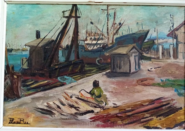 Tableau Ancien C1952 Port marine Huile sur toile /signé a IDENTIFIER 55x38cm/10P