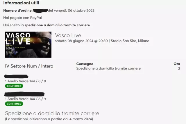 2 Biglietti Posti Vicini Vasco Live 2024 - San Siro Sab. 8 Giugno 1 Anello Verde