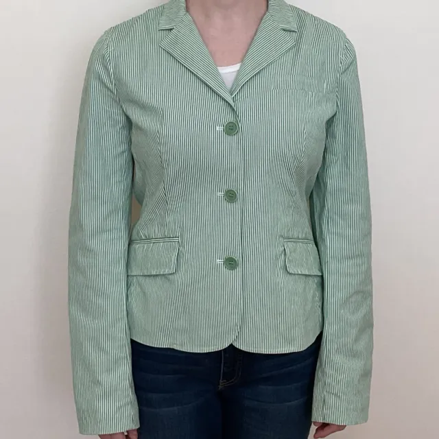 Theory Women’s Size 10 Green White Striped Blazer Cotton Stretch Unlined STAIN