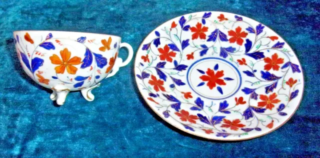 1940's Royal Vienna Imari Blue and Red Starflower Tri-Footed Cup and Saucer