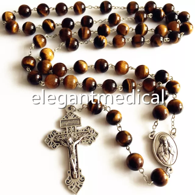 XL10MM Tiger Eye Beads ROSARY CROSS Catholic Necklace Men's Women Religion GIFT