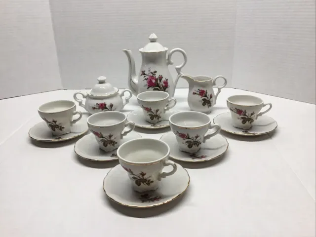 Moss Rose Demitasse Tea Set, Tea Pot, Sugar, Creamer, Cups & Saucers, 15 Pieces