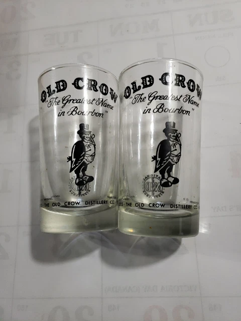2 Vtg  *OLD CROW* Bourbon Whiskey Glass - Frankfort, Kentucky National Distiller