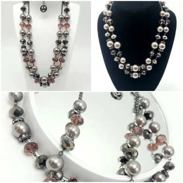 Trifari Necklace Bead & Crystal Gray & Pink Double Layer
