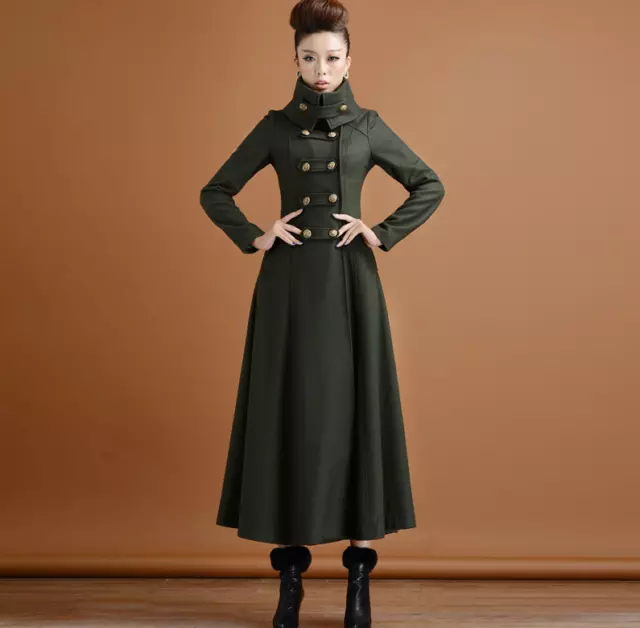 Women's Army Green Mid Length Wool Coat Slim Fit Length Button Coat Jacket