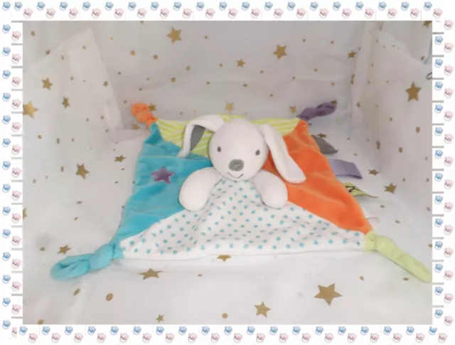 ⑯- Doudou Plat Marionnette Lapin Chien Blanc Orange Bleu Etoiles Obaibi