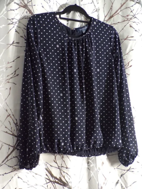 Tommy Hilfiger Navy Blue White Polka Dot Blouse Size M Medium TH Initials