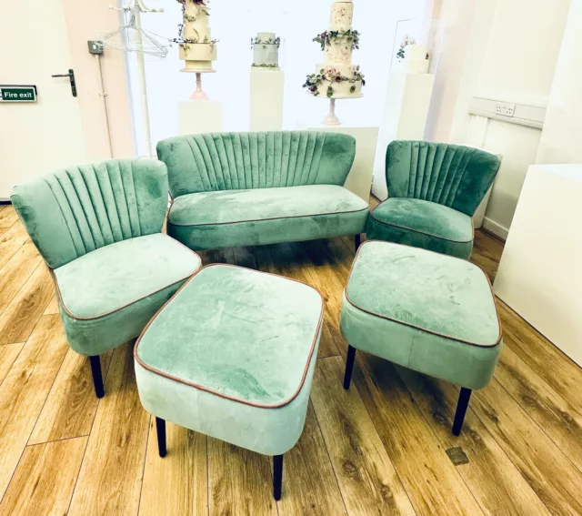 Lula Velvet Mint Green Sofa with 2 chairs and stools Used in excellent condition