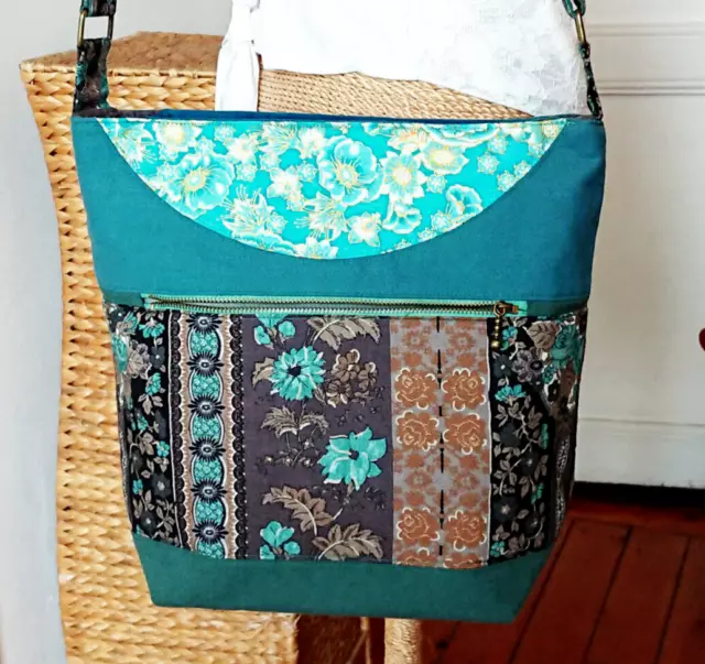 Grand sac à main création Tissu coton Patchwork turquoise marron floral