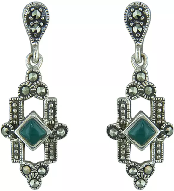 Silver Marcasite Earrings  Drop Green Agate Art Deco Style 925 Sterling Silver