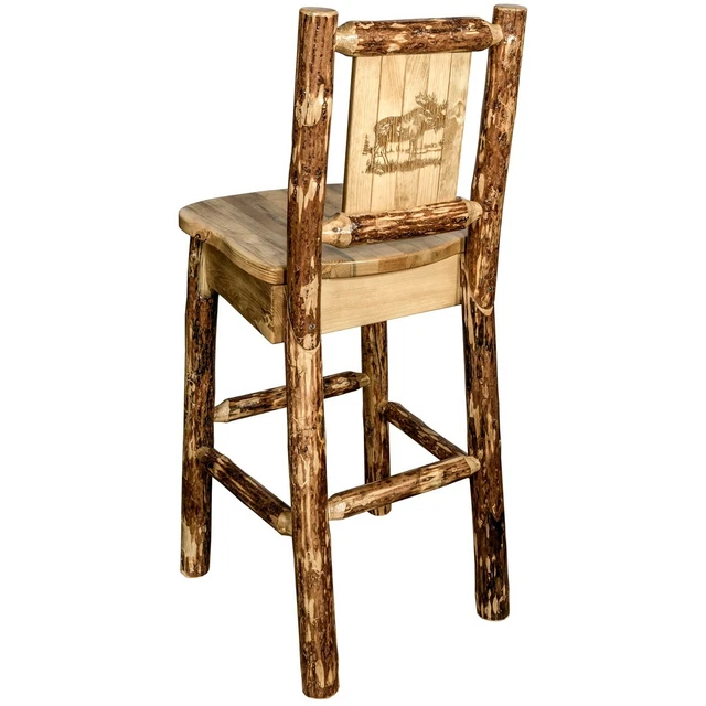 Log Bar Stool with Back Laser Etched Design Western Art Solid Pine Amish Made