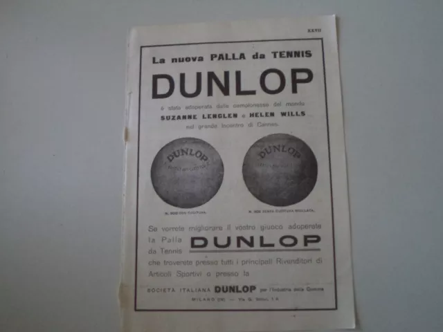advertising Pubblicità 1926 PALLE DA TENNIS DUNLOP - SUZANNE LENGLEN/HELEN WILLS