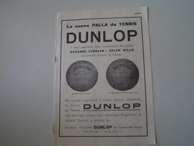 advertising Pubblicità 1926 PALLE DA TENNIS DUNLOP - SUZANNE LENGLEN/HELEN WILLS