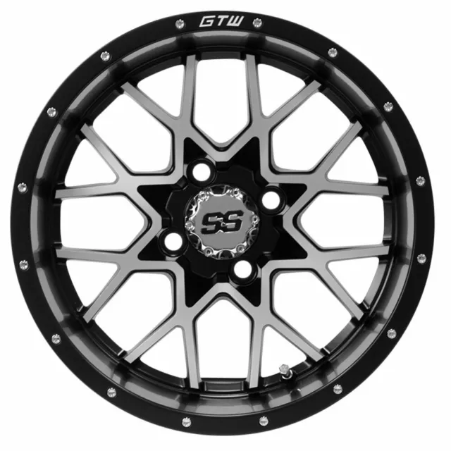 Set of 4 GTW 14x7 Matte Black/Machined Vortex Golf Cart Wheels 3:4 Offset 2