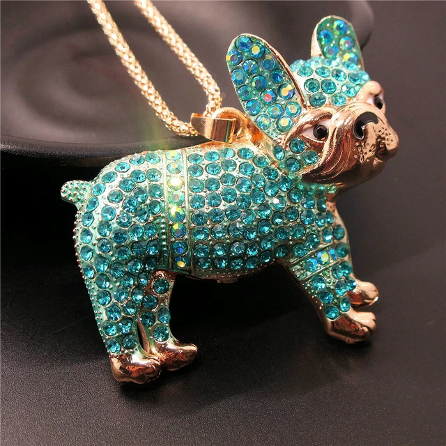 Betsey Johnson Blue Rhinestone Bling Cute Pug Dog Crystal Pendant Chain Necklace 2