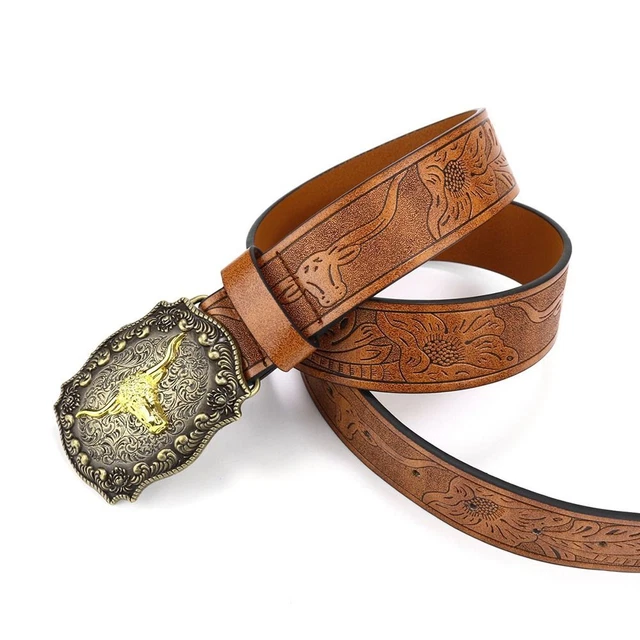 BULL PATTERN BUCKLE Belt Vintage Waist Belt Mens Western Cowboy Belt