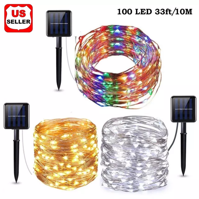 Outdoor Solar Powered 33Ft 10m 100 LED Copper Wire Waterproof Light String Xmas
