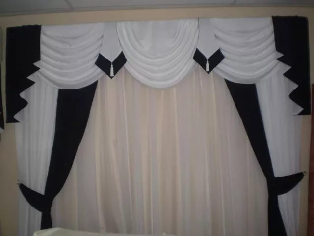 Swags+tails+curtains in White/Black trimmed +ties an tassels  90x65x90