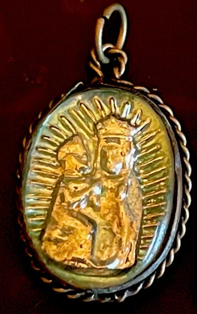 Vintage Catholic Saint St Anne De Beaupre Blue Green Bubble Mercury Glass Medal