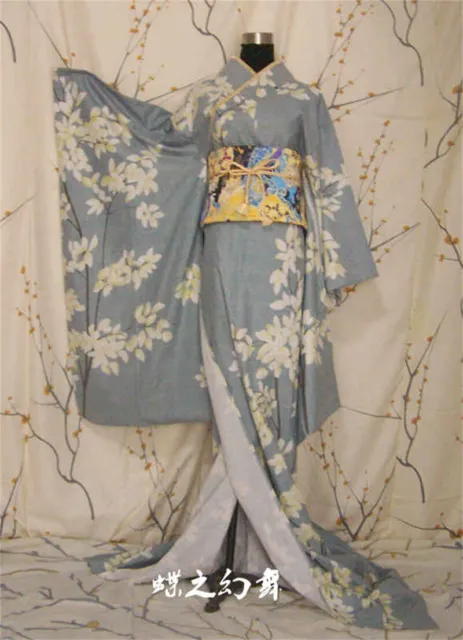 Japanese Traditional Furisode Women Long Blue Floral Kimono Cosplay Dress Costum