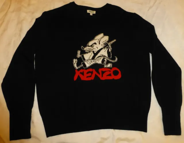 KENZO Paris Luxury Women's Black Kung Fu Rat Limited Edition Wool Sweater Medium