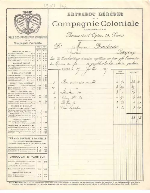 Facture.AM24378.Paris.1907.Compagnie Coloniale.Chocolat