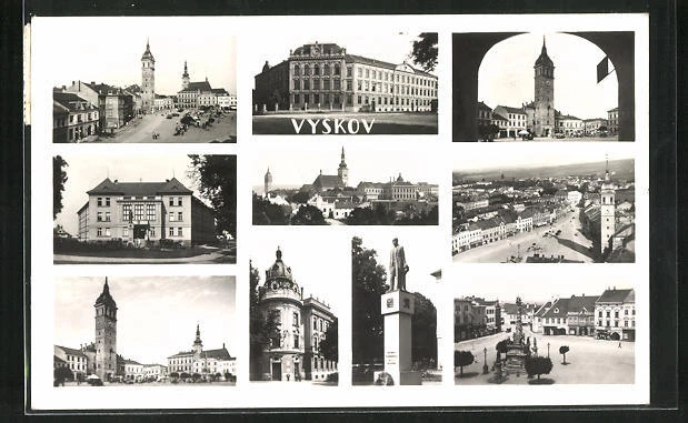 AK Wischau / Vyskov, Ortsansicht, Straßenpartie, Marktplatz und Denkmal 1937