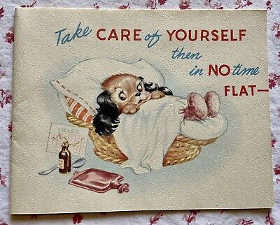 Vintage 1940s UNUSED Get Well Cute Puppy Dog Basket Greeting Card NOS