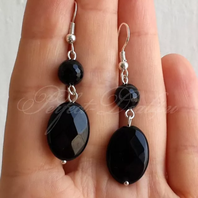 Black Round Oval Onyx faceted Dangle Earrings Women Jewelry 925 Sterling Silver