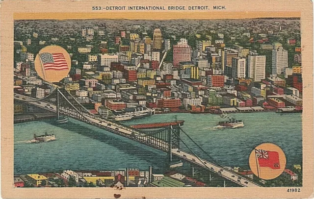Detroit Michigan Detroit International Bridge Vintage Postcard Posted 1939
