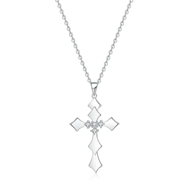 925 Sterling Silver CZ Polishing Cross Pendant Chain Necklace Women's Jewelry