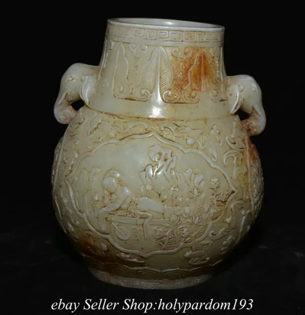 6.8" Old Chinese White Jade Carved Flower Figure Jar Pot Bottle Vase