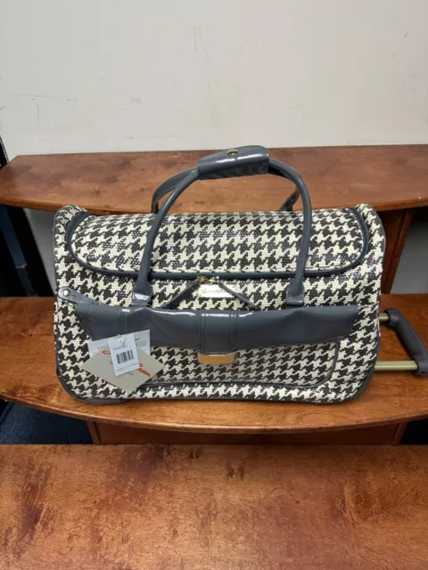 NEW SAMANTHA BROWN ROLLING EMBOSSE HOUNDSTOOTH WHEELED WEEKENDER Charcoal/Cream