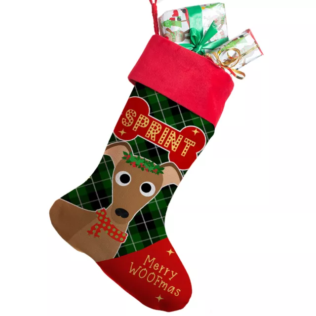 Personalised DOG Christmas Stocking Whippet Pet Xmas Pup Treat Toy Bag SD56