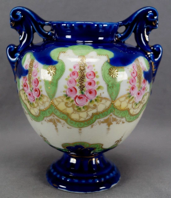 Nippon Hand Painted Pink Rose Green Cobalt & Gold Beaded 6 1/2 Inch Tall Vase