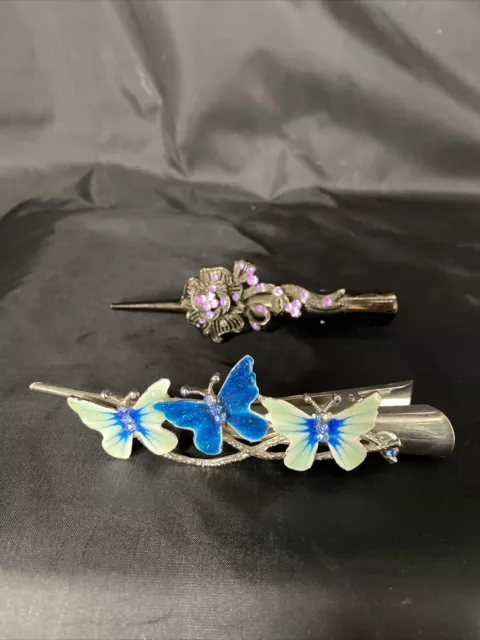 Vintage Hair Clip Large Decorated Lot Of Two With Flowers And Butterflies