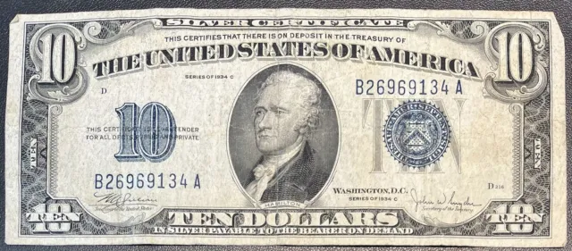 1934 C Ten Dollar Silver Certificate Note $10 Bill Blue Seal Circulated #59146