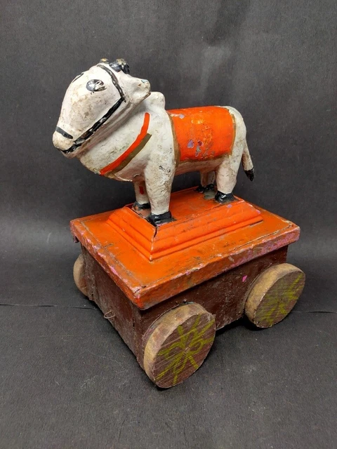 Antique Wooden Nandi Statue On Wheel Hand Carved Painted Cow Figure Pull Toy Old
