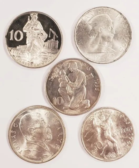 1928-1965 Czechoslovakia 10-50 Korun Silver Coin Lot of 5