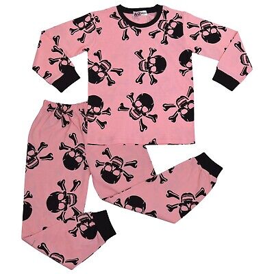 Kids Girls Boy Baby Pink Skull n Bones Pyjamas PJs 2 Piece Cotton Set Nightwear
