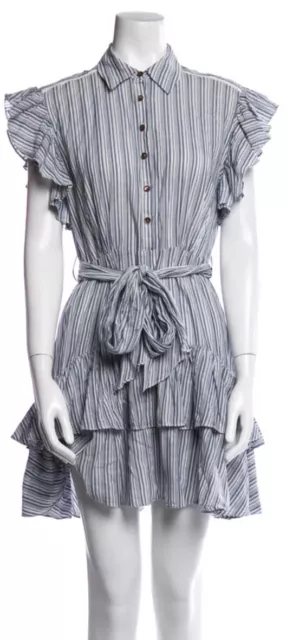 rebecca taylor dress 6 Blue Striped,ruffle Short Sleeve With Collar