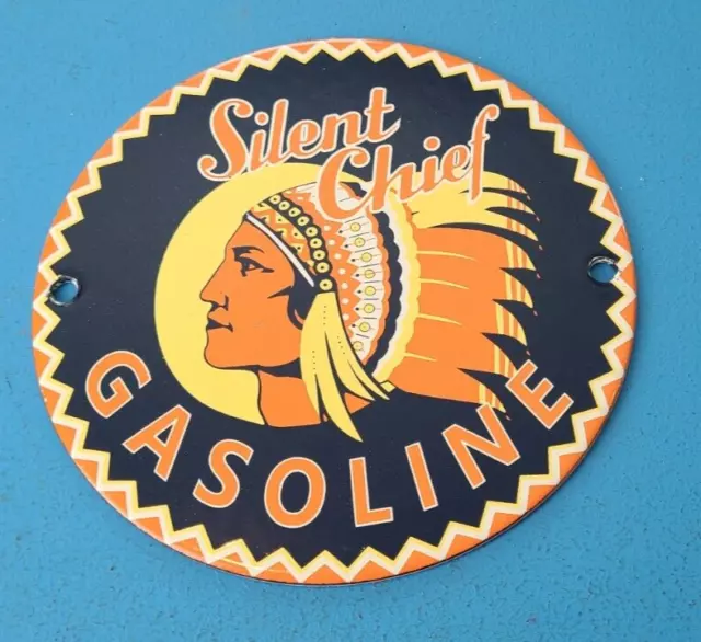 Vintage Silent Chief Gasoline Porcelain Gas Service Station Indian Pump 6" Sign