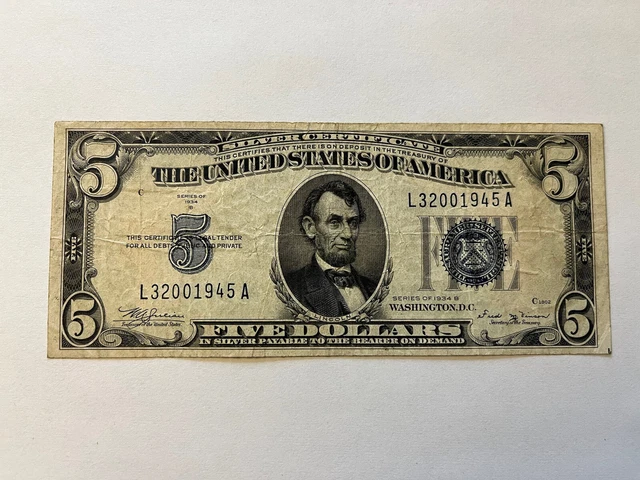 1934-B $5 Five Dollar Bill, Blue Seal, Silver Certificate #L32001945A